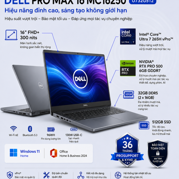 Laptop Dell Pro Max 16 MC16250 U732G512 (Intel Core Ultra 7 265H vPro | RAM 32GB DDR5 | SSD 512GB | NVIDIA RTX Pro 500 6GB GDDR7 | 16 Inch FHD+ | Win 11 Home)