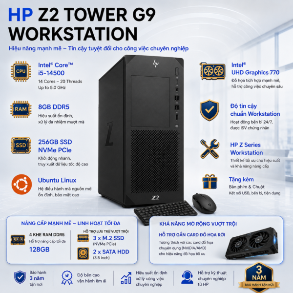 Máy Trạm HP Z2 Tower G9 Workstation 4N3U8AV (Intel Core i5-14500 | RAM 16GB | SSD 256GB | Intel Graphics | Linux | 3 Năm Bảo Hành)
