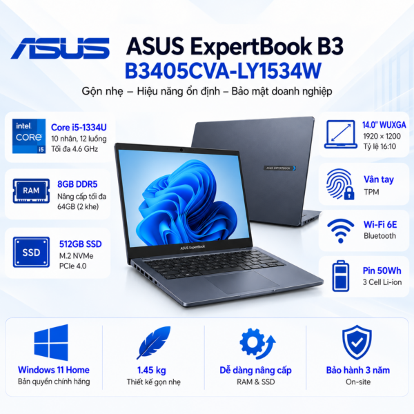 Laptop ASUS ExpertBook B3 B3405CVA-LY1534W (Intel Core i5-1334U | RAM 8GB DDR5 | SSD 512GB PCIe 4.0 | 14 Inch WUXGA | Vân Tay | Win 11 Home)