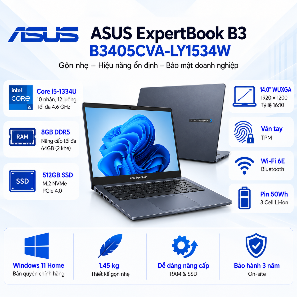 Laptop ASUS ExpertBook B3 B3405CVA-LY1534W (Intel Core i5-1334U | RAM 8GB DDR5 | SSD 512GB PCIe 4.0 | 14 Inch WUXGA | Vân Tay | Win 11 Home)