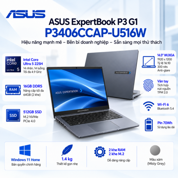 Laptop ASUS ExpertBook P3 G1 P3406CCAP-U516W (Intel Core Ultra 5 225H | RAM 16GB DDR5 | SSD 512GB PCIe 4.0 | 14 Inch WUXGA | Vân Tay | Win 11 Home)