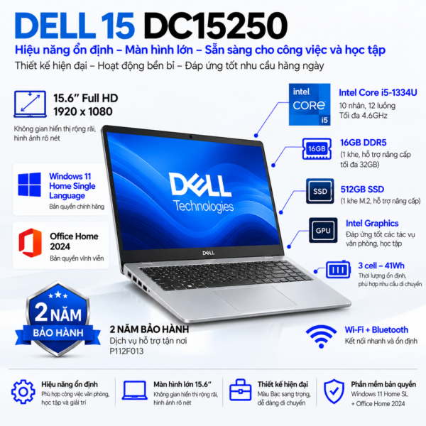 Laptop Dell 15 DC15250 Core i5-1334U | 16GB RAM | 512GB SSD | Intel Graphics | 15.6" FHD | Windows 11 Home SL | Office Home 2024 | DC15250-I5U165W11SLU-2Y | 2Y WTY