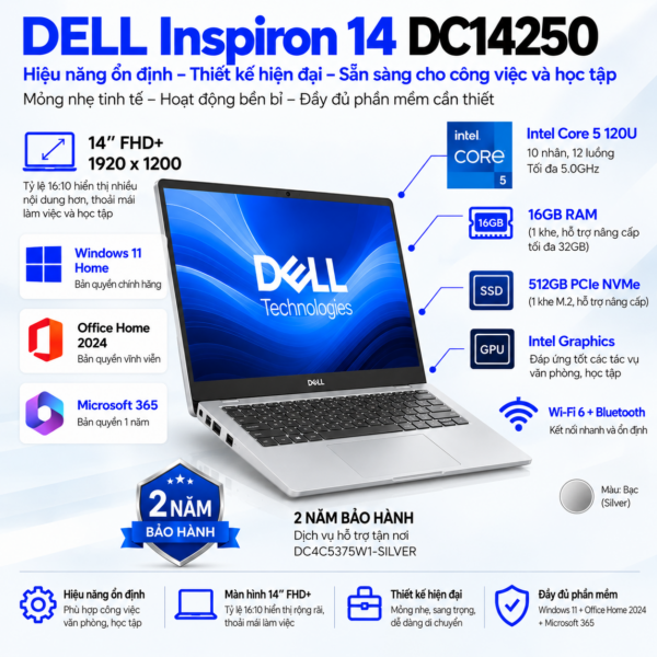 Laptop Dell Inspiron 14 DC14250 Core 5 120U | 16GB RAM | 512GB SSD | 14" FHD+ | Win 11 Home | Office Home 2024 | Microsoft 365 | DC4C5375W1-SILVER | 2Y