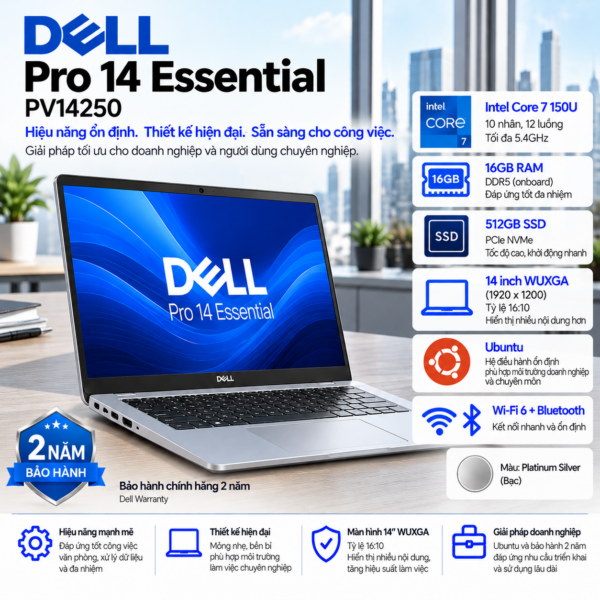 Laptop Dell Pro 14 Essential PV14250 Core 7 150U | 16GB RAM | 512GB SSD | Intel Graphics | 14" WUXGA | Ubuntu | Platinum Silver | 71092353 | 2Y WTY