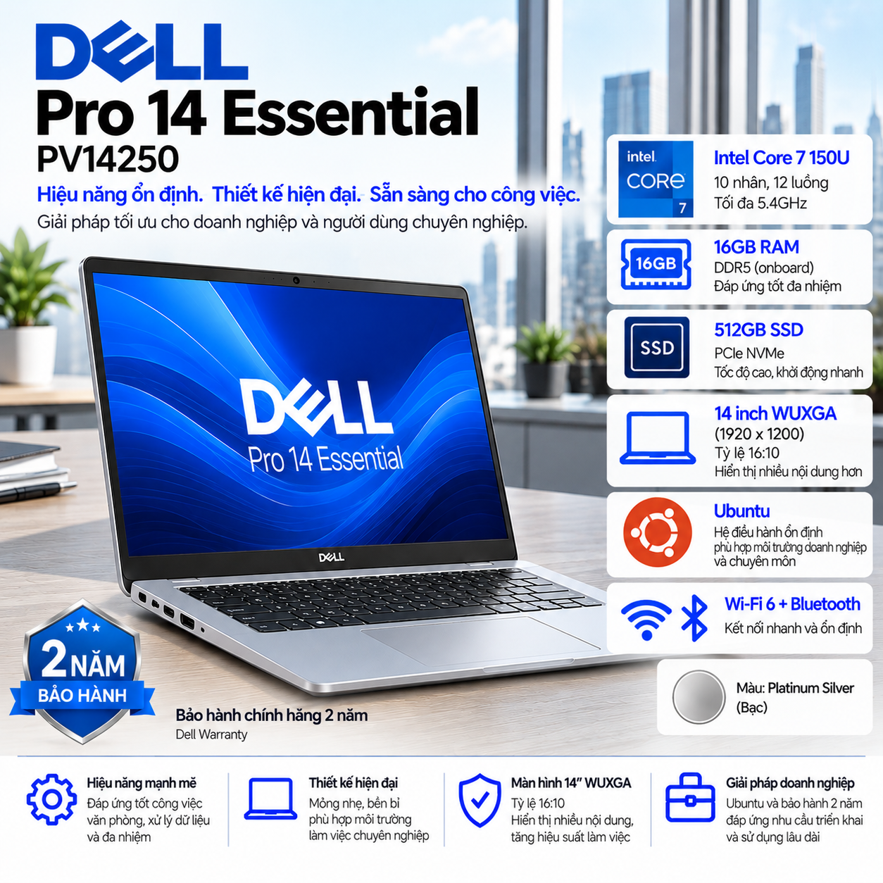Laptop Dell Pro 14 Essential PV14250 Core 7 150U | 16GB RAM | 512GB SSD | Intel Graphics | 14" WUXGA | Ubuntu | Platinum Silver | 71092353 | 2Y WTY