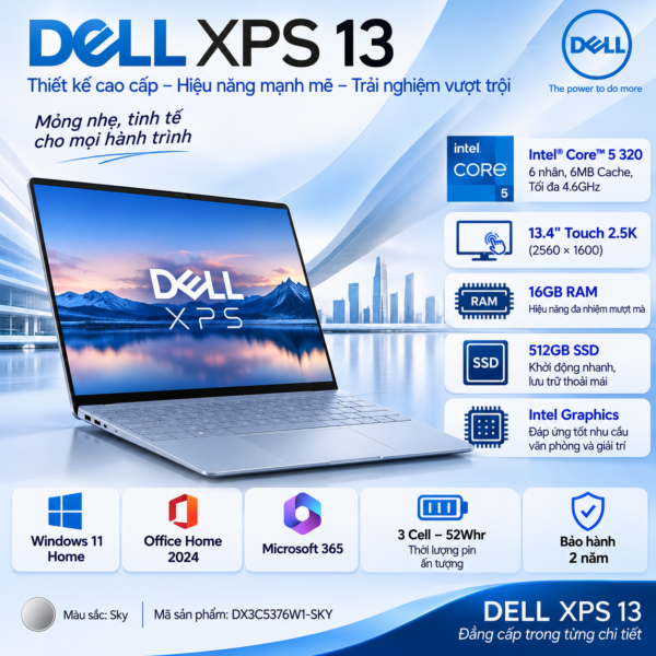 Laptop Dell XPS 13 DX13260 Core 5 320 | 16GB LPDDR5 | 512GB SSD | Intel Graphics | 13.4" 2.5K Touch | Win 11 Home | Office Home 2024 + Microsoft 365 | DX3C5376W1-SKY | 2Y WTY