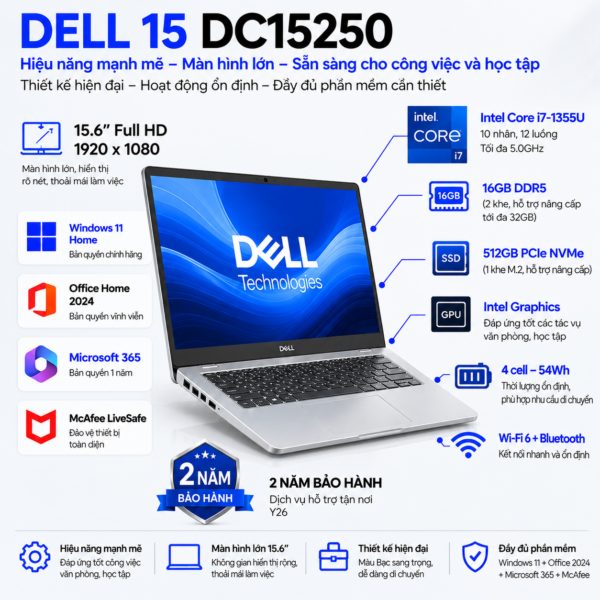 Laptop Dell 15 DC15250 Core i7-1355U | 16GB DDR5 | 512GB SSD | Intel Graphics | 15.6" FHD | Windows 11 Home | Office Home 2024 + Microsoft 365 | McAfee LiveSafe | 71100516 | 2Y WTY