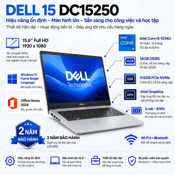 Laptop Dell 15 DC15250 Core i5-1334U | 16GB DDR5 | 512GB SSD | Intel Graphics | 15.6" FHD 120Hz | Win 11 Home SL | Office Home 2024 | CPH995 | 2Y WTY