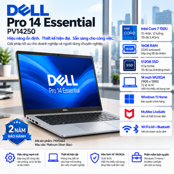 Laptop Dell Pro 14 Essential PV14250 Core 7 150U | 16GB RAM | 512GB SSD | Intel Graphics | 14" | Win 11 Home | McAfee LiveSafe | Platinum Silver | 71092663 | 2Y WTY