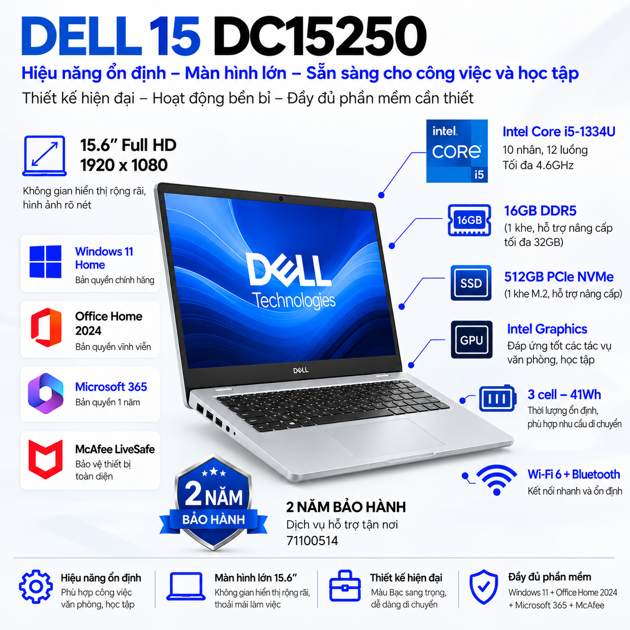Laptop Dell 15 DC15250 Core i5-1334U | 16GB DDR5 | 512GB SSD | 15.6" FHD | Win 11 Home | Office Home 2024 + Microsoft 365 | McAfee LiveSafe | 71100514 | 2Y WTY