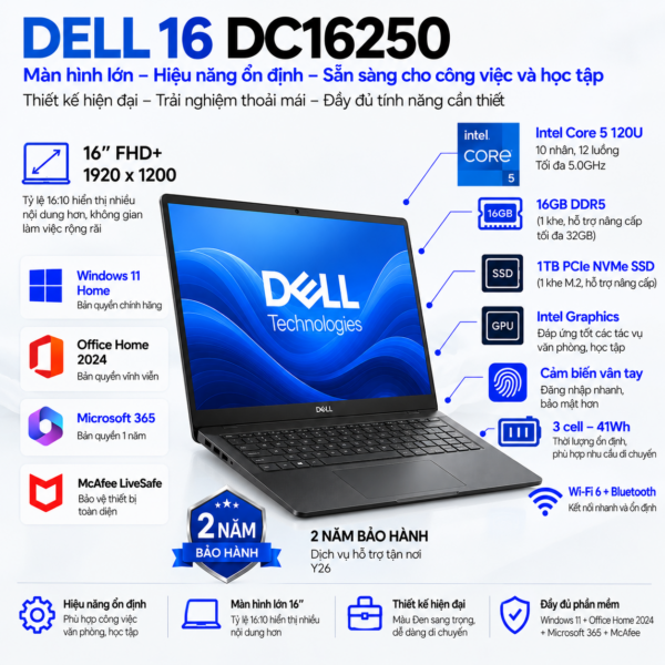 Laptop Dell 16 DC16250 Core 5 120U | 16GB RAM | 1TB SSD | Intel Graphics | 16" FHD+ | Fingerprint | Win 11 Home | Office Home 2024 | 71100513 | 2Y WTY
