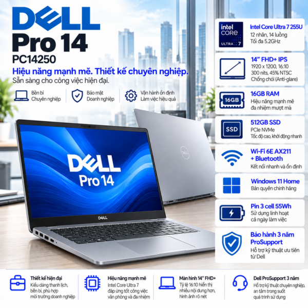 Laptop Dell Pro 14 PC14250 Core Ultra 7 255U | 16GB RAM | 512GB SSD | Intel Graphics | 14" FHD+ IPS | Wi-Fi 6E | Win 11 Home | 3Y ProSupport