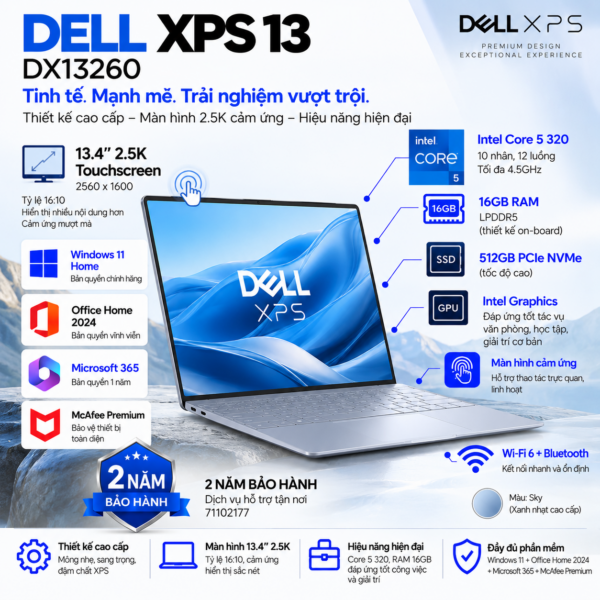 Laptop Dell XPS 13 DX13260 Core 5 320 | 16GB RAM | 512GB SSD | Intel Graphics | 13.4" 2.5K Touch | Win 11 Home | Office Home 2024 + Microsoft 365 | McAfee Premium | 71102177 | 2Y WTY