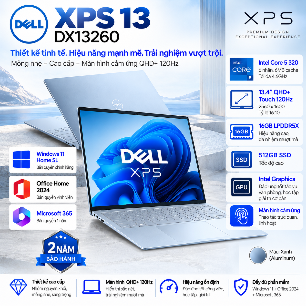 Laptop Dell XPS 13 DX13260 Core 5 320 | 16GB LPDDR5X | 512GB SSD | Intel Graphics | 13.4" QHD+ Touch 120Hz | LED Keyboard | Win 11 Home SL | Office Home 2024 | TNR9K | 2Y WTY