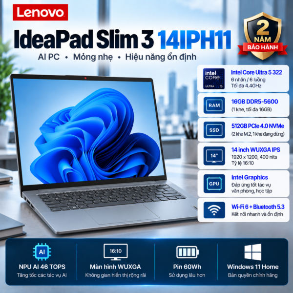 Laptop Lenovo IdeaPad Slim 3 14IPH11 Core Ultra 5 322 | 16GB DDR5 | 512GB SSD | 14" WUXGA | Intel Graphics | Win 11 Home | 83UQ003NVN | 2Y WTY