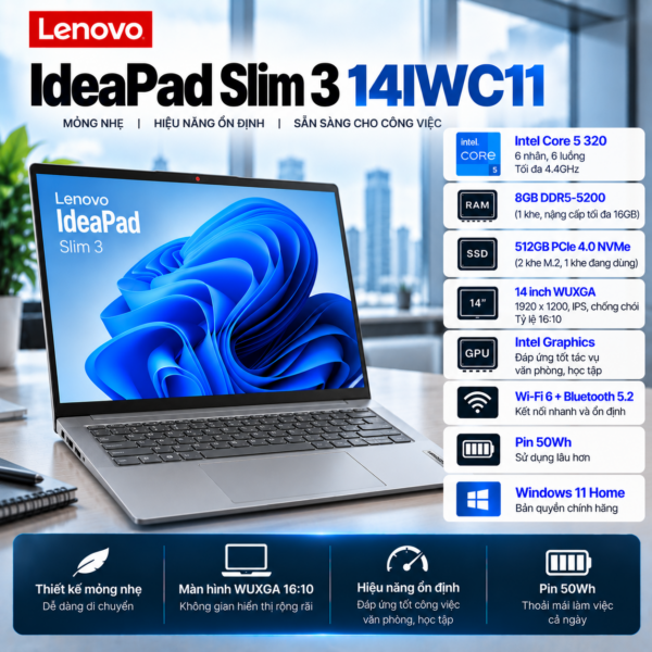 Laptop Lenovo IdeaPad Slim 3 14IWC11 Core 5 320 | 8GB RAM | 512GB SSD | 14" WUXGA | Intel Graphics | Win 11 | Luna Grey | 83RQ002PVN | 2Y WTY