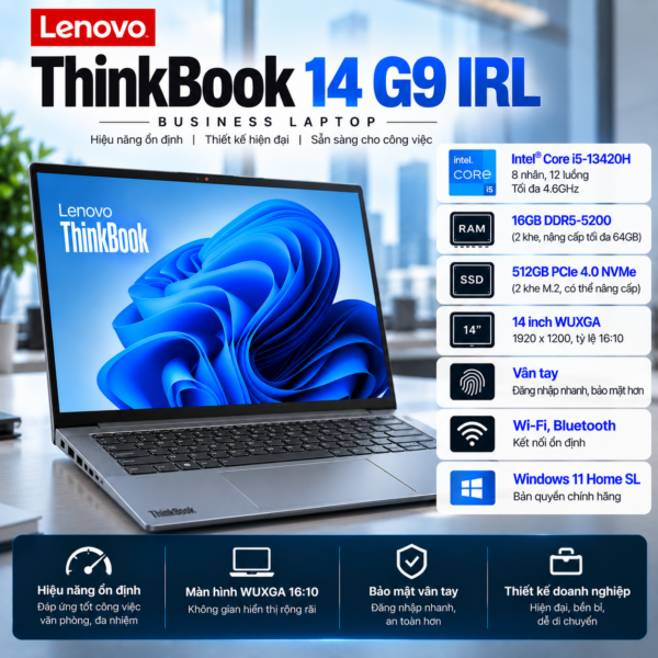 Laptop Lenovo ThinkBook 14 G9 IRL i5-13420H | 16GB DDR5 | 512GB SSD | 14" WUXGA | Fingerprint | Win 11 Home | 21UY008TVN | 2Y Premier Support