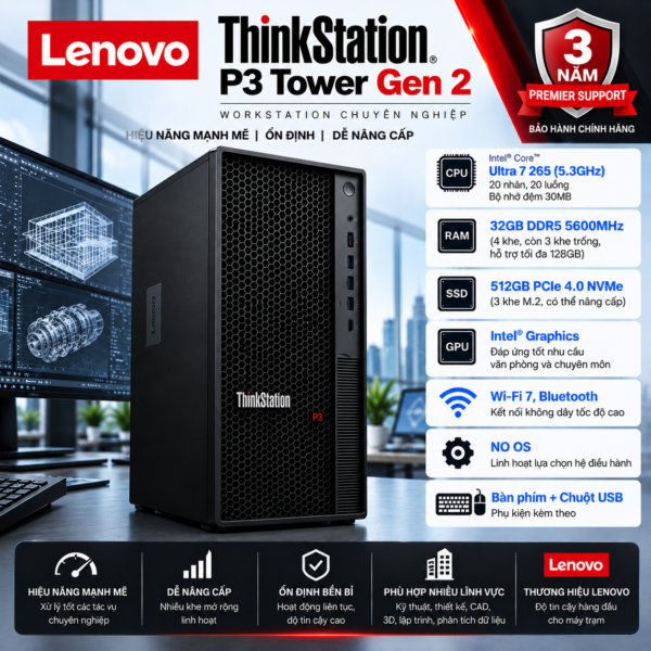 Máy tính trạm Workstation Lenovo ThinkStation P3 Tower Gen 2 Intel Core Ultra 7 265 | 32GB DDR5 | 512GB SSD | Intel Graphics | Wi-Fi 7 | USB Keyboard & Mouse | 30HT0088VA | 3Y Premier Support
