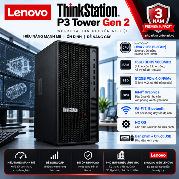 Máy tính trạm Workstation Lenovo ThinkStation P3 Tower Gen 2 Intel Core Ultra 7 265 | 16GB DDR5 | 512GB SSD | Intel Graphics | Wi-Fi 7 | USB Keyboard & Mouse | 30HT0087VA | 3Y Premier Support