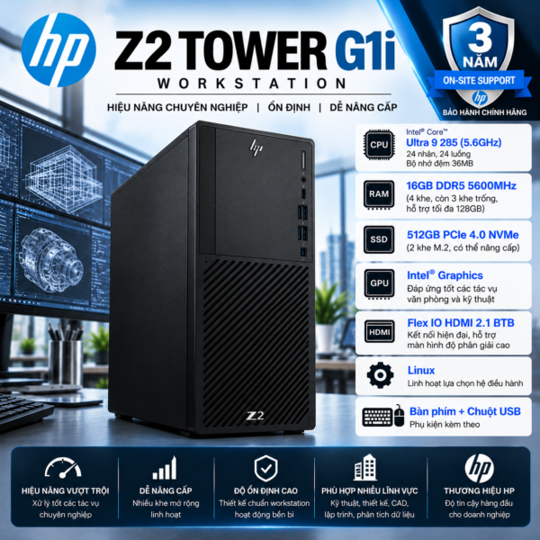 Máy tính trạm Workstation HP Z2 Tower G1i Intel Core Ultra 9 285 | 16GB DDR5 | 512GB SSD | Intel Graphics | USB Keyboard & Mouse | B04F6AV | 1Y WTY + 3Y Onsite (UJ1E4E)