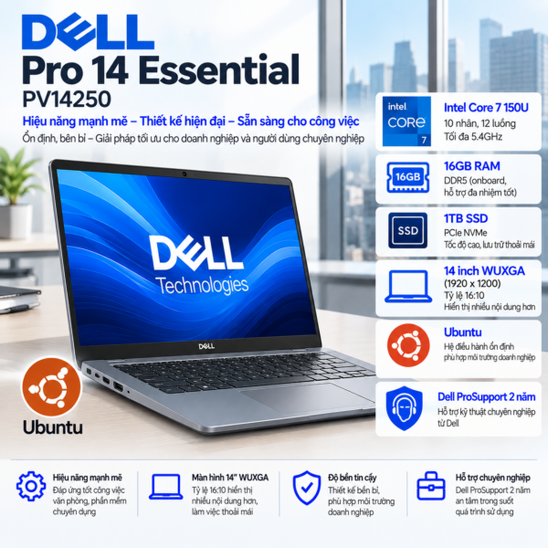 Laptop Dell Pro 14 Essential PV14250 Core 7 150U | 16GB RAM | 1TB SSD | Intel Graphics | 14" WUXGA | Ubuntu | PV14250-150U-161TBU | 2Y ProSupport