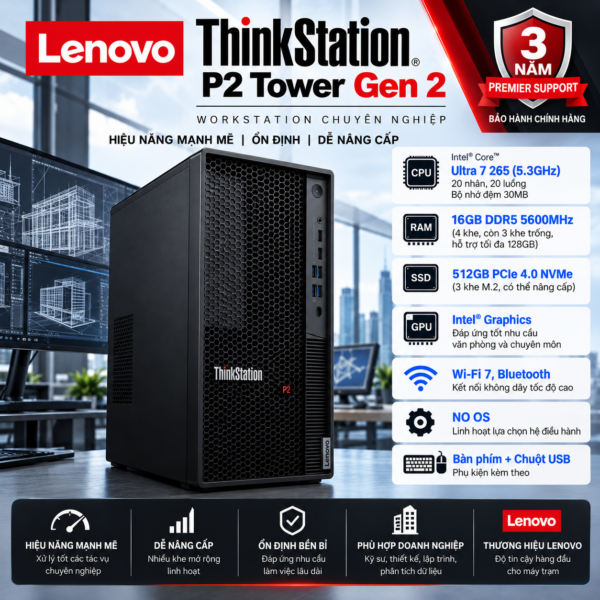 Máy tính trạm Workstation Lenovo ThinkStation P2 Tower Gen 2 Intel Core Ultra 7 265 | 16GB DDR5 | 512GB SSD | Intel Graphics | USB Keyboard & Mouse | 30JQ006VVA | 3Y Premier Support